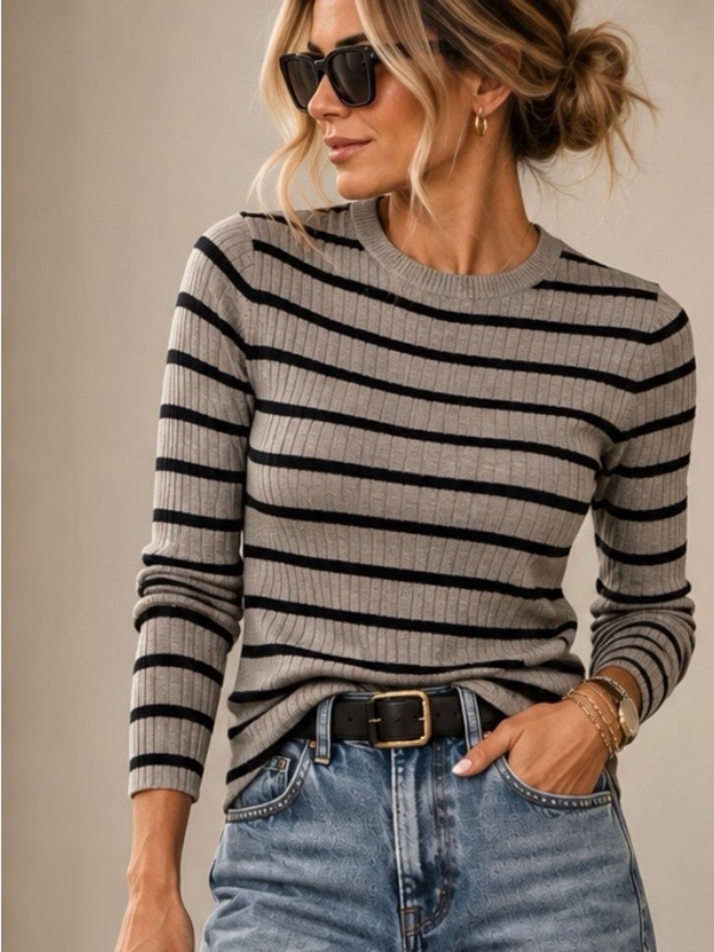 Philosophy Gray Black Striped Cashmere Blend Ribbed Sweater M Fitted